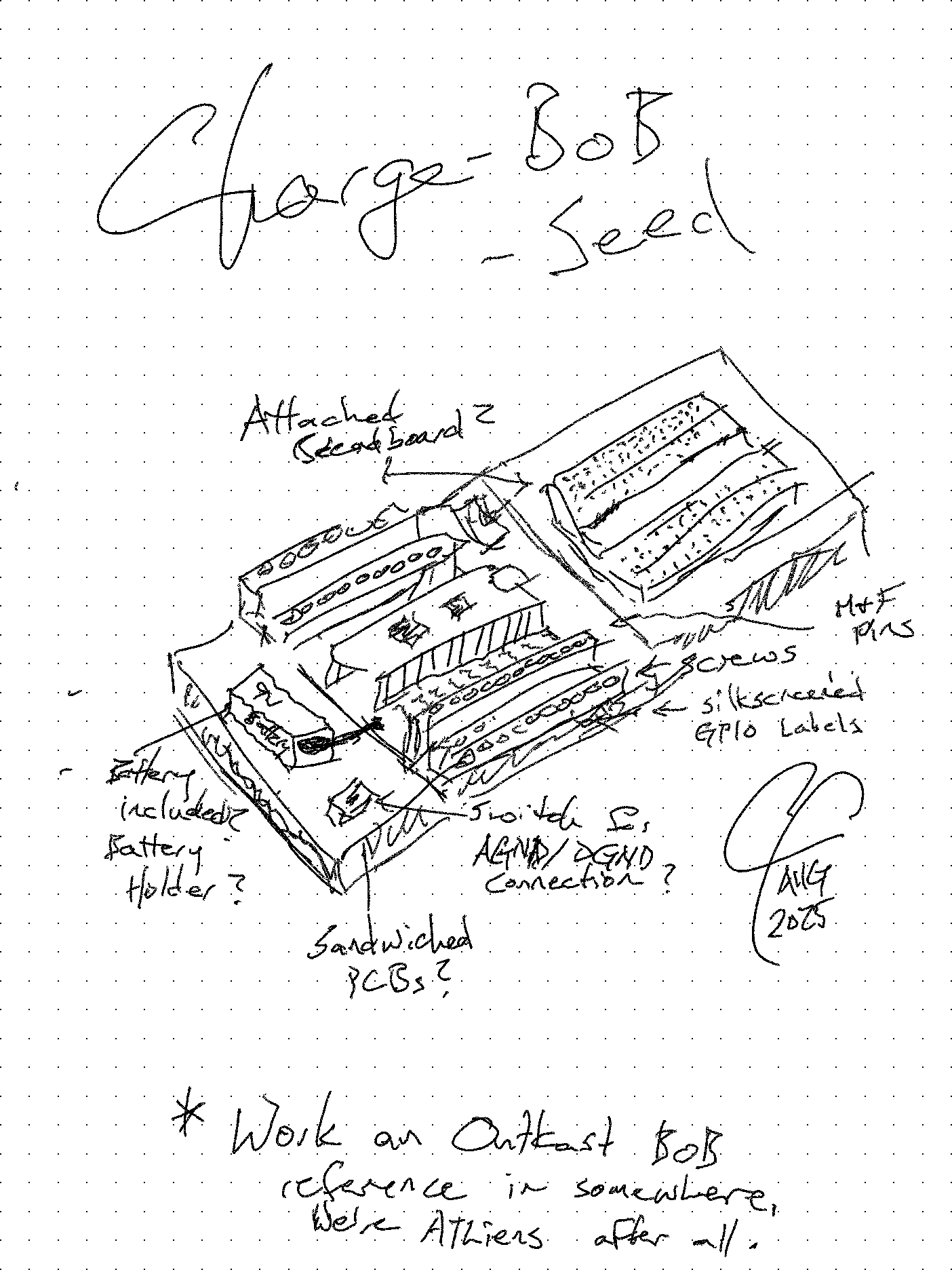 rough sketch of the breakout board with some written design goals.